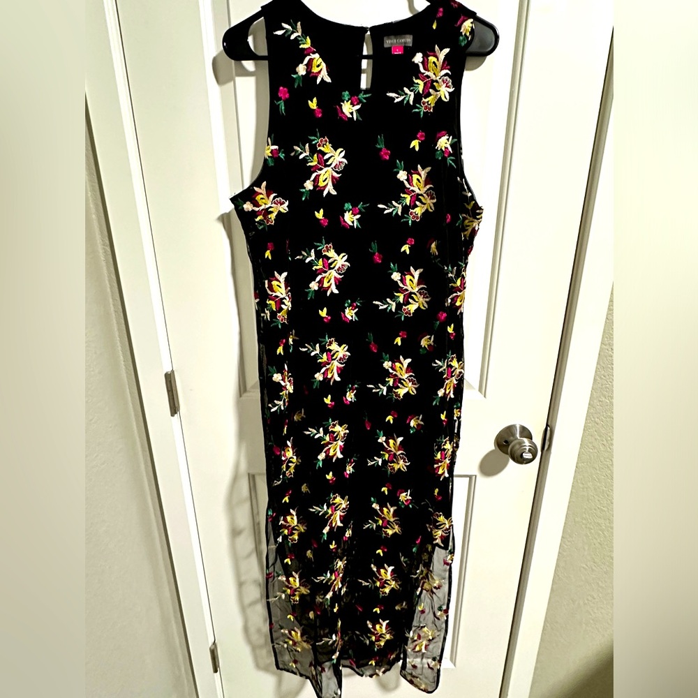 Vince Camuto long sheer dress with black knit dress under layer